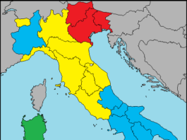 statura italia (in rosso media sopra 1,77 - in giallo tra 1,75 e 1,77, in blu tra 1,73 e 1,75, in verde sotto 1,73)